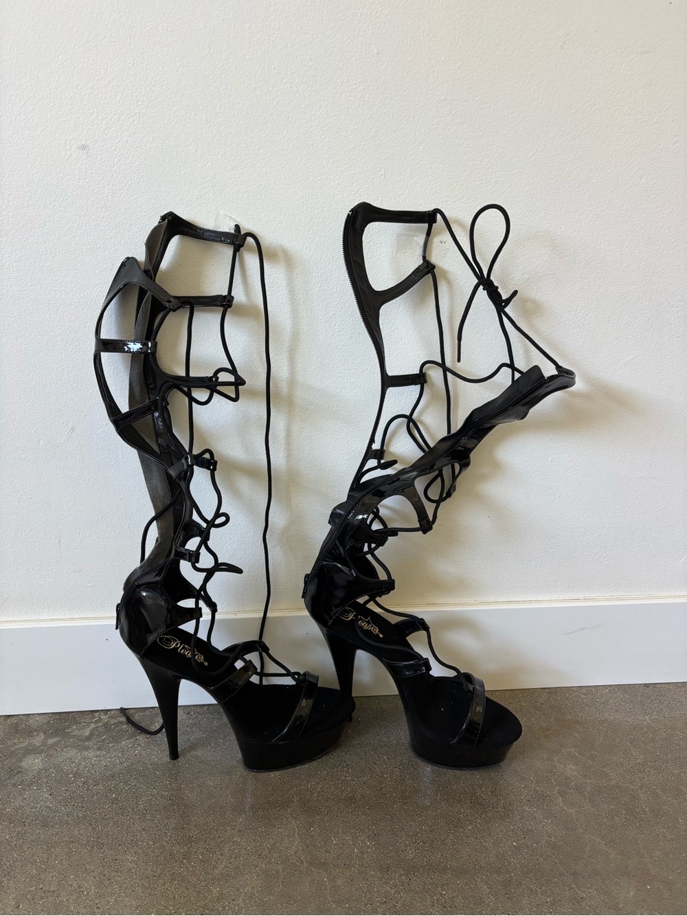 Pleaser Black Lace-Up Gladiator Platform Heels with Tall Stiletto